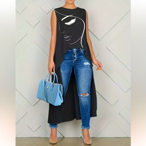 Sleeveless abstract, figure print round neck, asymmetrical hem tunic top. Fits u - Picture 1 of 10